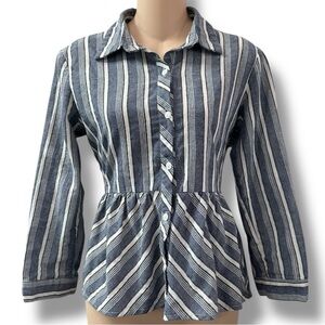 Love Notes 100% Cotton Nautical Stripe Chambray Peplum Ruffle Top size M